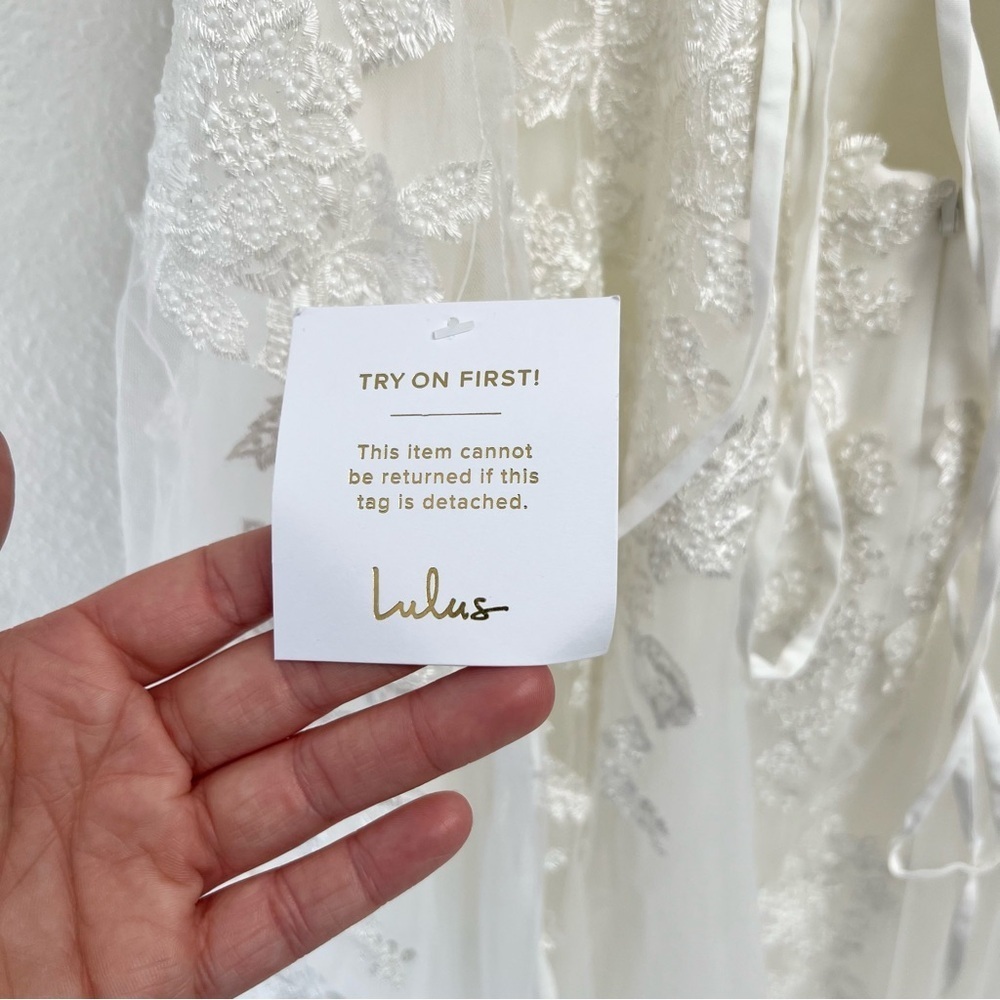 Lulus Luxury White Sheer Tulle Embroidered Beaded Bridal Gown Size Large NWT - Picture 13 of 17